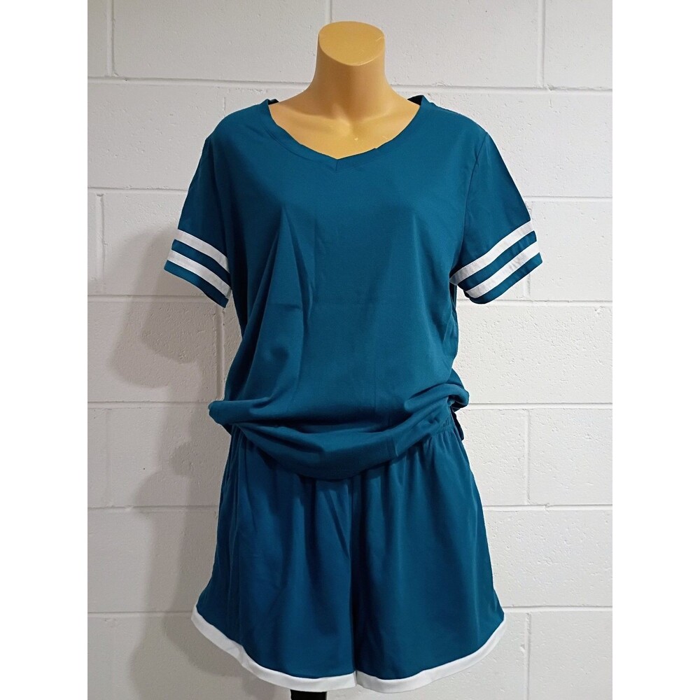 Women's 2 Piece Lounge Set Teal Blue V-Neck Top & Shorts White Stripe Trim large